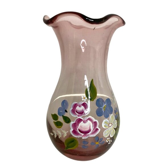Fenton for Teleflora Hand-Painted Amethyst Glass Flower Vase With Ruffled Edge - Picture 1 of 5